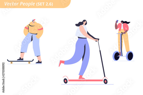 Young people vector set. Outdoor activitied. Girl riding on hoverboard and scooter. Guy on skateboard. Flat vector characters isolated on white background.