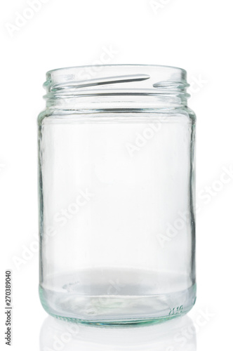 Empty glass jar isolated on white background