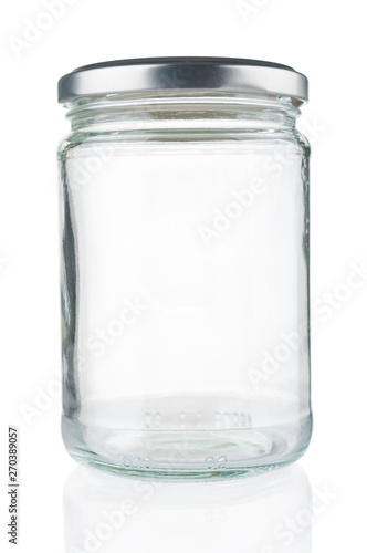 Empty glass jar close up isolated on white background