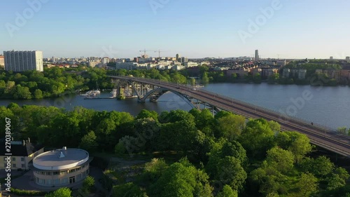 Aerial view of bridge Vasterbron on an early summer morning with Stockholm in the backdrop  photo