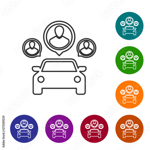 Grey Car sharing with group of people line icon isolated on white background. Carsharing sign. Transport renting service concept. Set icon in color circle buttons. Vector Illustration