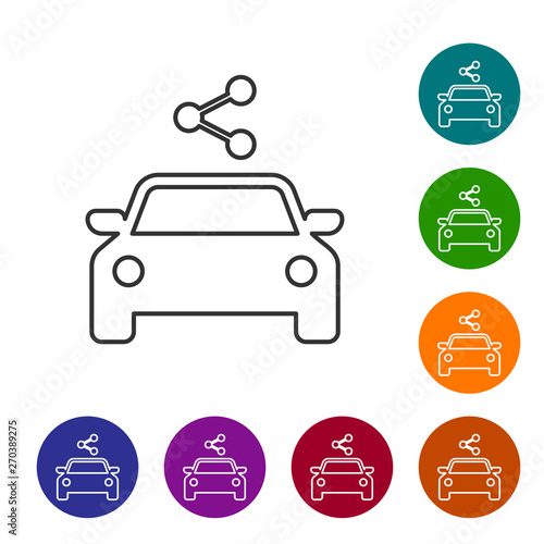 Grey Car sharing line icon isolated on white background. Carsharing sign. Transport renting service concept. Set icon in color circle buttons. Vector Illustration