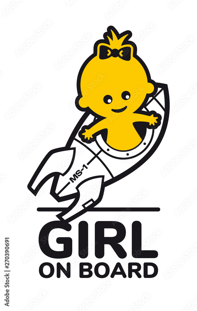 Sticker with inscription Baby on board and a picture of a baby in a spaceship Sticker with inscription Baby on board and a picture of a baby in a spaceship