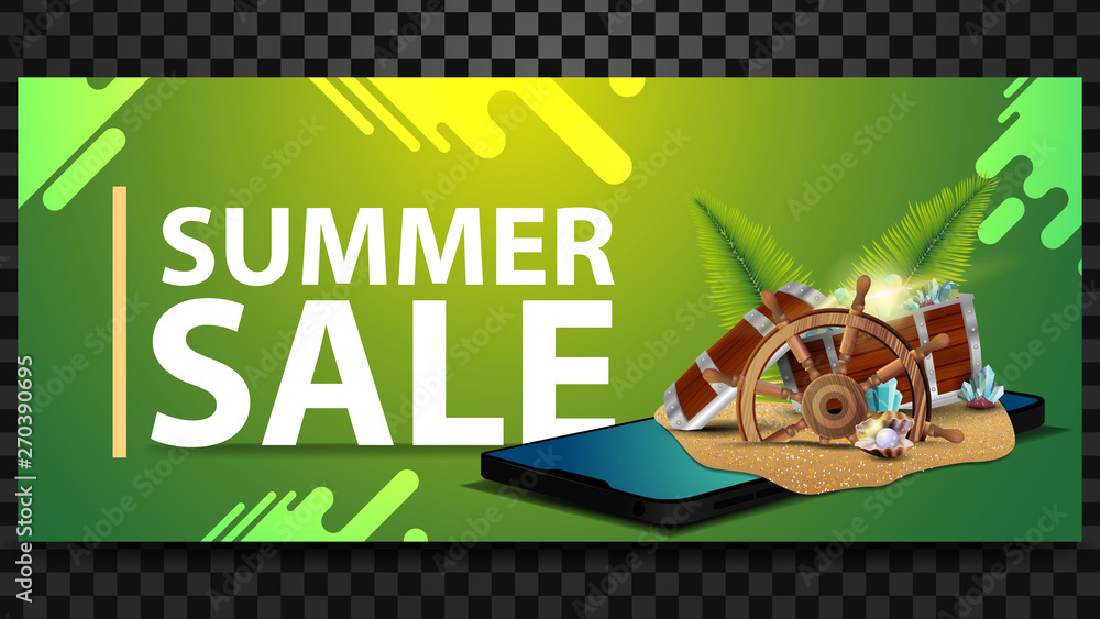 Summer sale, horizontal discount banner with modern design, smartphone, treasure chest, ship steering wheel, palm leaves, gems and pearls