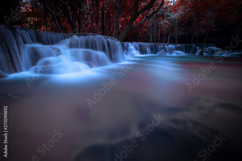long exposure waterfall in the park and change the leaves color over red