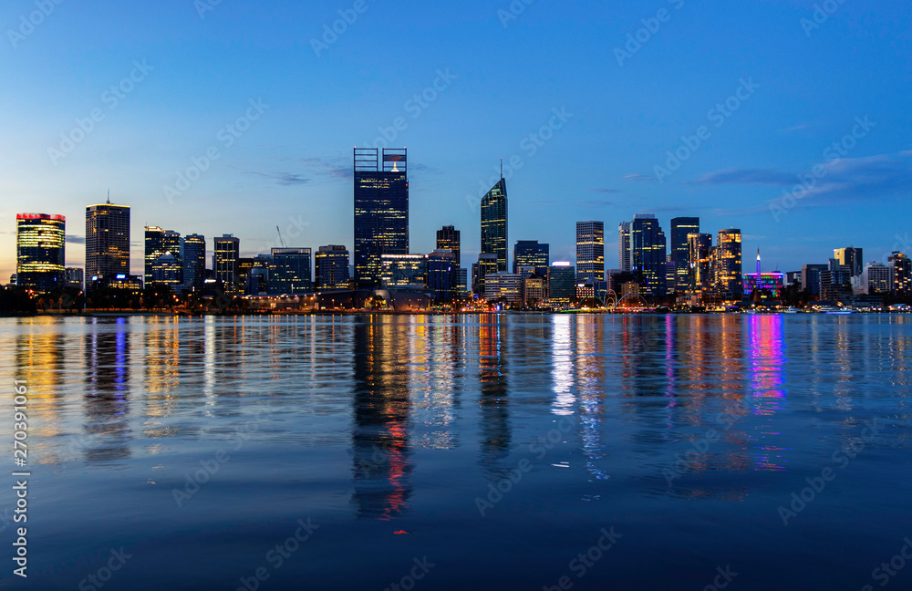 Naklejka premium Mirror Image Cityscape of Perth Australia at Dusk