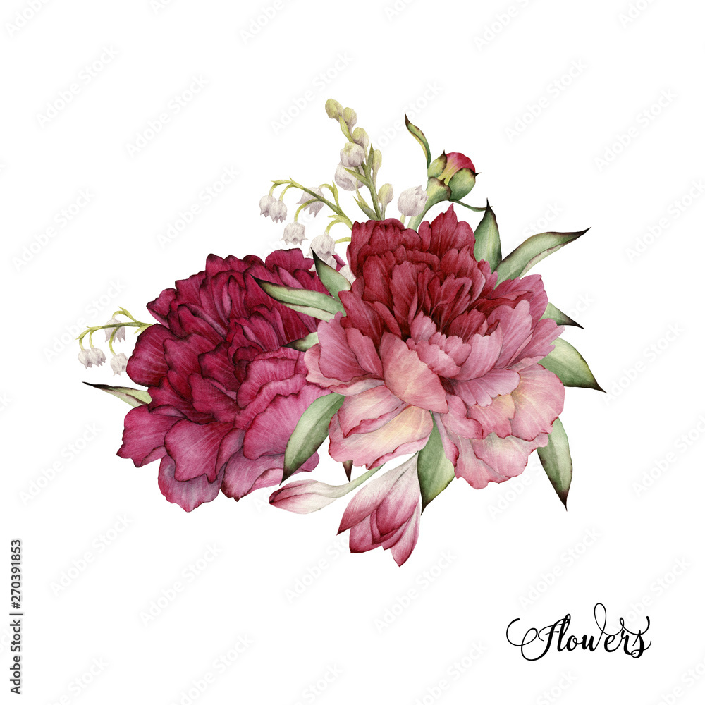 Bouquet of peonies, watercolor, can be used as greeting card, invitation card for wedding, birthday and other holiday and  summer background