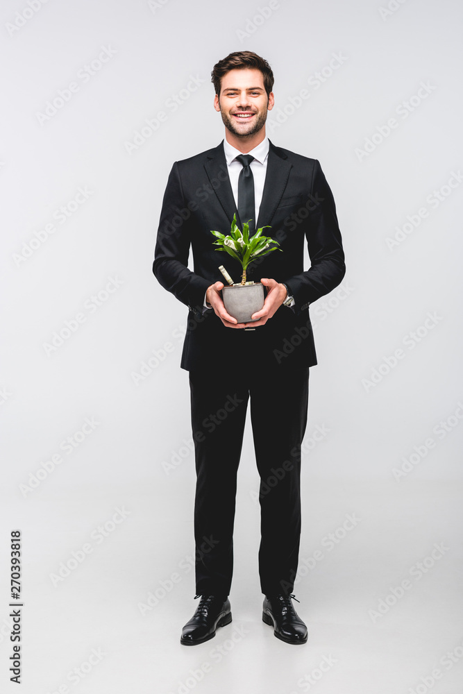 handsome businessman in suit holding flowerpot with money isolated on grey handsome businessman in suit holding flowerpot with money isolated on grey