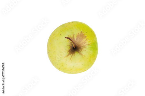 One whole fresh raw apple of green color with branch isolated on white background