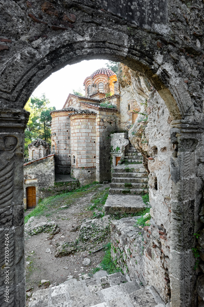 Part of the byzantine archaeological site of Mystras in Peloponnese, Greece.View of the Peribleptos Monastery in the middle city of ancient Mystras