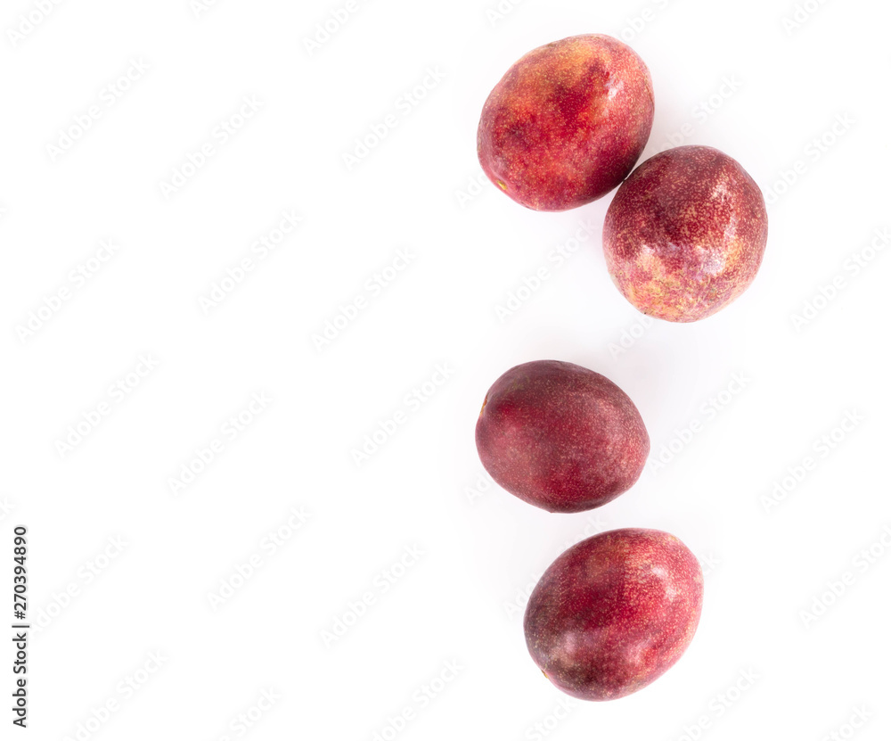 Closeup top view passion fruit on white background, fruit for healthy concept Closeup top view passion fruit on white background, fruit for healthy concept