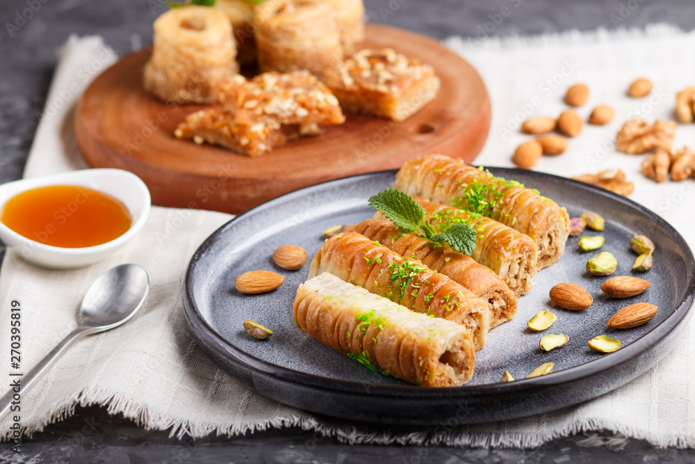 Set of various traditional arabic sweets: baklava, kunafa, basbus in ...