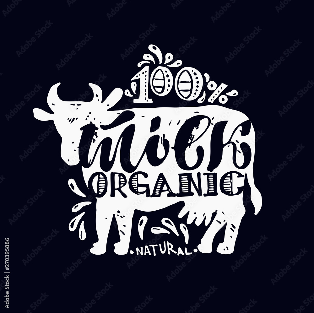 Nature 100% Milk - cute lettering label art for packing - Almond Milk - Cow