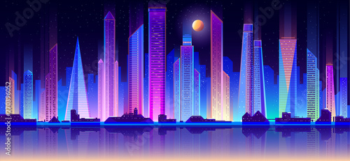 Modern night city skyline neon color flat vector with full moon in starry sky, downtown illuminated skyscrapers reflection in metropolis quay illustration. Urban architecture, real estate background © vectorpocket