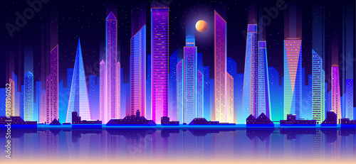 Modern night city skyline neon color flat vector with full moon in starry sky, downtown illuminated skyscrapers reflection in metropolis quay illustration. Urban architecture, real estate background