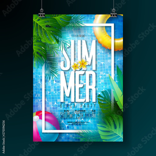 Summer pool party poster design template with water, tropical palm leaves, beach ball and float on blue tiled background. Vector holiday illustration for banner, flyer, invitation, poster.