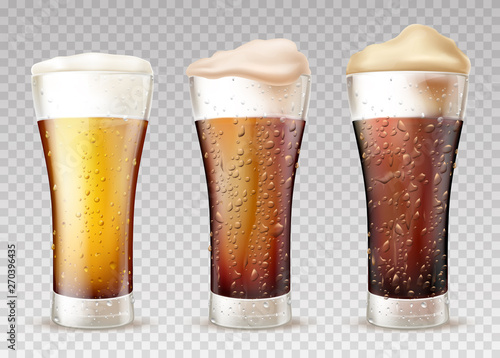 Beer styles from lager to stout 3d realistic vector set. Fresh, cold beer or ale poured in glasses with moisture drops on glass, foam pours out from top illustration isolated on transparent background