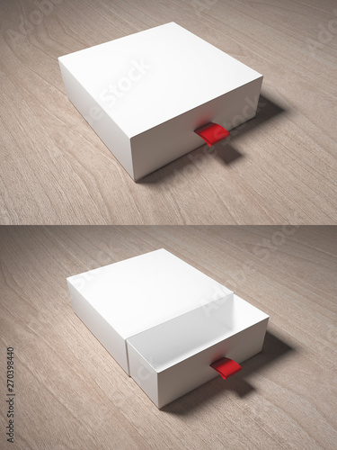 Package cardboard sliding drawer box with ribbon pull, square, on wooden background, 3d illustration