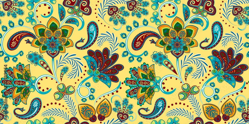 Seamless pattern with fantasy flowers, natural wallpaper, floral decoration curl illustration. Paisley print hand drawn elements. Home decor.