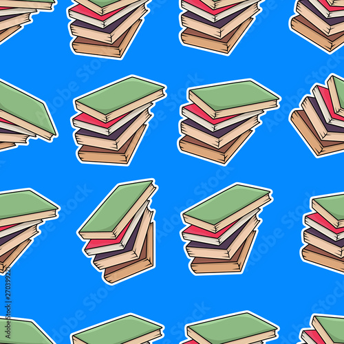Rows of heaps of closed books or notepads with white stroke around in style of sticker on blue background