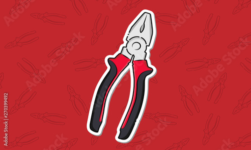 One metal pliers with handles of red and black color drawing in form of sticker with white stroke on red background with pattern