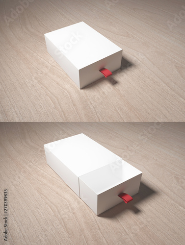 Package cardboard sliding drawer box with ribbon pull, on wooden background, 3D rendering