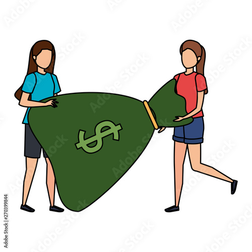 young women lifting money bag characters