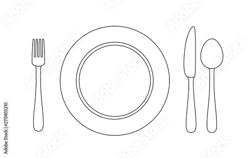 Utensil line illustration. Contours of plate, knife, fork and spoon