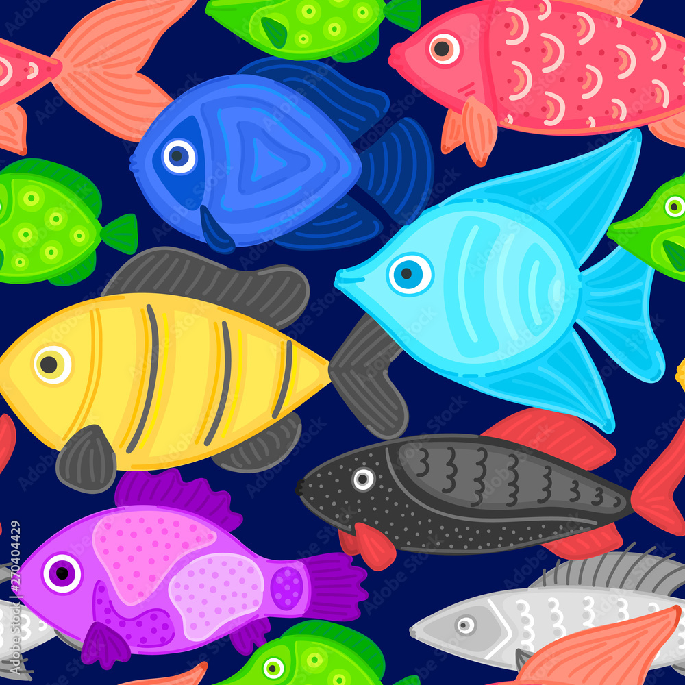 Fototapeta premium Vector seamless pattern with colorful abstract fish. Undersea world. Aquarium. Wrapping paper, package, wallpaper, poster, clothing and other textile in a pet store, fishing gear shop or aquapark