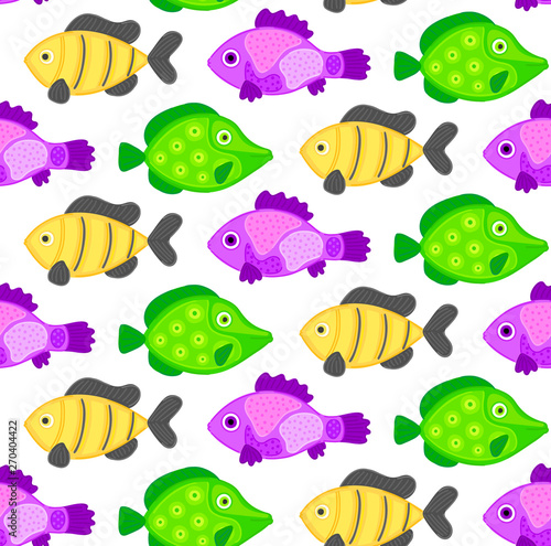 Vector seamless pattern with colorful abstract fish. Undersea world. Aquarium. Wrapping paper, package, wallpaper, poster, clothing and other textile in a pet store, fishing gear shop or aquapark
