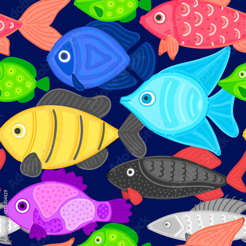 Vector seamless pattern with colorful abstract fish. Undersea world. Aquarium. Wrapping paper, package, wallpaper, poster, clothing and other textile in a pet store, fishing gear shop or aquapark