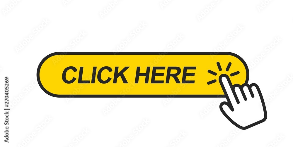 Yellow button with the inscription click here and with the pointing hand icon. Click here, with hand pointing icon for the website. Yellow button with the inscription click here and with the pointing hand icon. Click here, with hand pointing icon for the website.