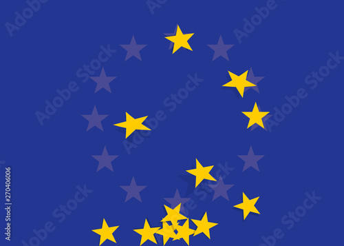 Concept de la crise mondiale et des difficultés économiques qui touchent l’Europe avec les douzes étoiles jaunes du drapeau européen qui se décollent et tombent par terre.