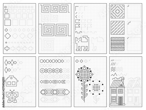 Set of black and white educational pages on square paper for kids. Printable worksheet for children textbook. Developing skills of counting, drawing, writing and tracing. Baby book. Back to school.