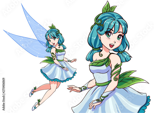 Beautiful cute fairy with blue pigtails wearing white dress. Anime style hand drawn vector illustration. Isolated on white background. Can be used for children games, t-shirt template, books etc.