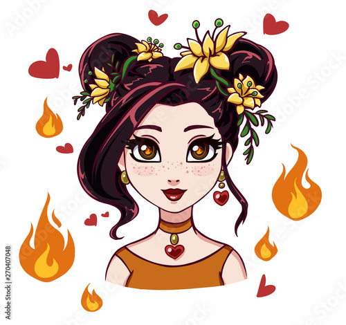 Portrait of a girl with fire in her eyes. Fire and hearts on background. Hand drawn vector illustration, isolated on white. Prints, cards, t-shirt template etc.