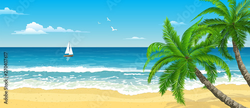 Fototapeta Naklejka Na Ścianę i Meble -  Exotic tropical  beach with  palm. Seascape with waves, cloudy sky and seagulls.  Sail on the horizon. Tourism and travelling. Vector design