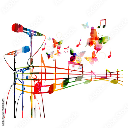 Colorful microphones with music notes isolated vector illustration design. Music background. Karaoke poster, music festival poster, live concert events, party flyer