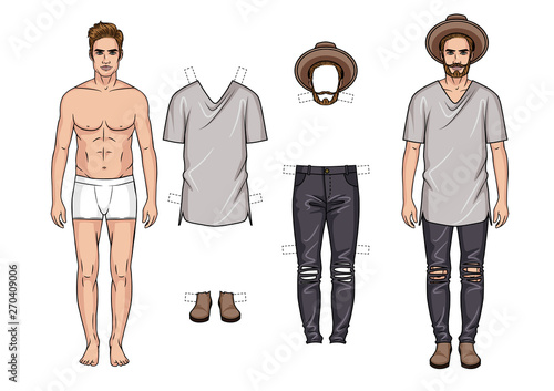 Vector colorful illustration of fashionable men's outfits isolated from white background. Cartoon style guy paper doll with trendy clothes. Young guy with modern wardrobe of hipster style