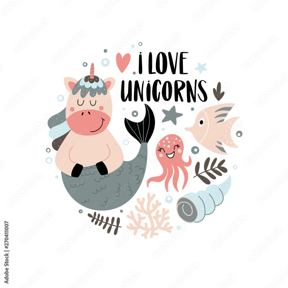 Composition with funny mermaid-unicorn Composition with funny mermaid-unicorn