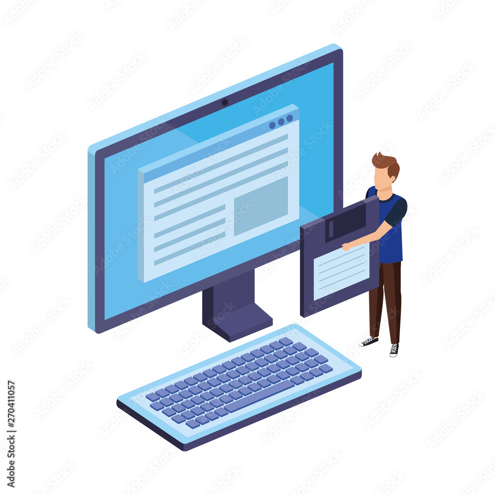young man lifting floppy disk with desktop young man lifting floppy disk with desktop