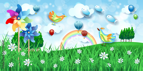 Surreal landscape wiith grass, pinwheel and flying fishes