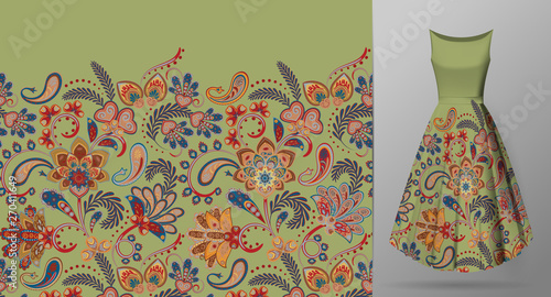 Seamless vertical fantasy flowers border pattern. Hand draw floral background on dress mockup. Vector. Traditional eastern pattern for textiles, wallpapers, decor. Bright colors on green.