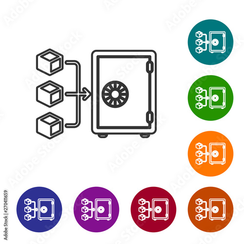 Grey Proof of stake line icon on white background. Cryptocurrency economy and finance collection. Set icon in color circle buttons. Vector Illustration