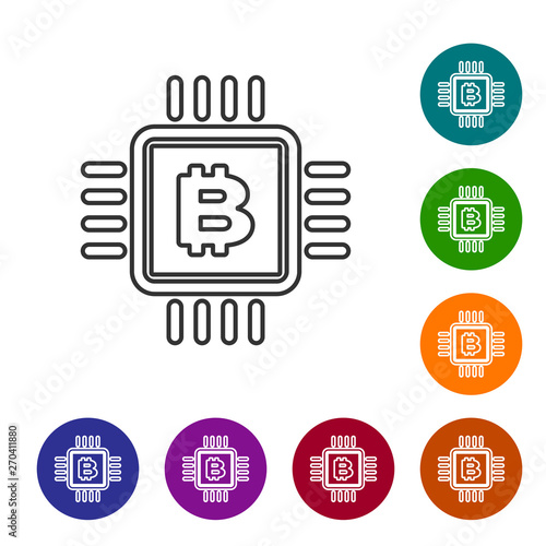 Grey CPU mining farm line icon on white background. Bitcoin sign inside microchip. Cryptocurrency mining community. Digital money. Set icon in color circle buttons. Vector Illustration