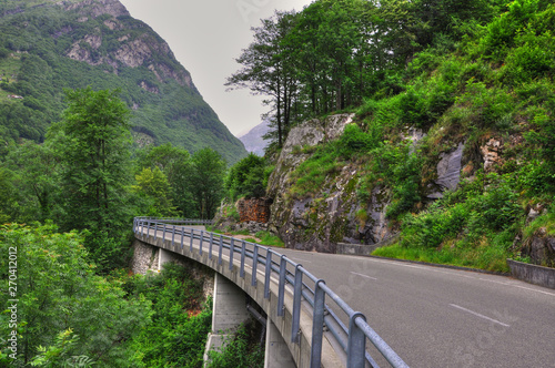 Mountain Road with Green Trees and Mountain in Switzerland.