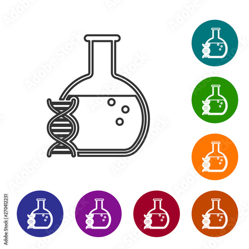 Grey DNA research, search line icon isolated on white background. Genetic engineering, genetics testing, cloning, paternity testing. Set icon in color circle buttons. Vector Illustration