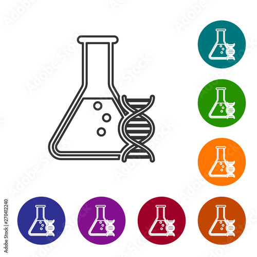 Grey DNA research, search line icon isolated on white background. Genetic engineering, genetics testing, cloning, paternity testing. Set icon in color circle buttons. Vector Illustration