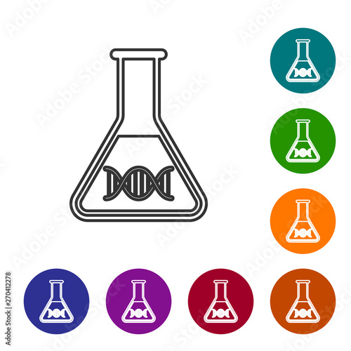 Grey DNA research, search line icon isolated on white background. Genetic engineering, genetics testing, cloning, paternity testing. Set icon in color circle buttons. Vector Illustration