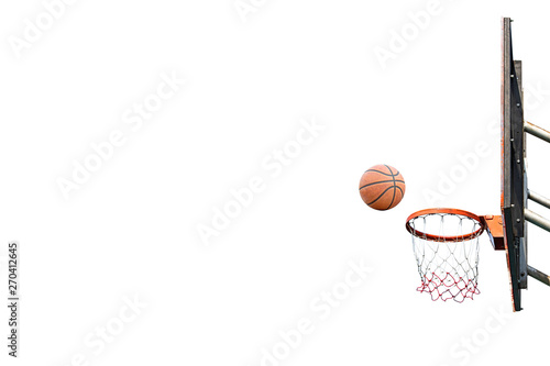 Isolated Basketball leather with the old  and basketball hoop on a white background with clipping path.